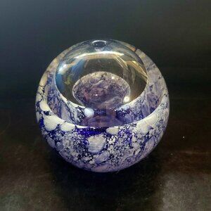 Deco Glass Krosno Poland Blue & White Art Glass Oil Lamp 4.5" Or Paperweight